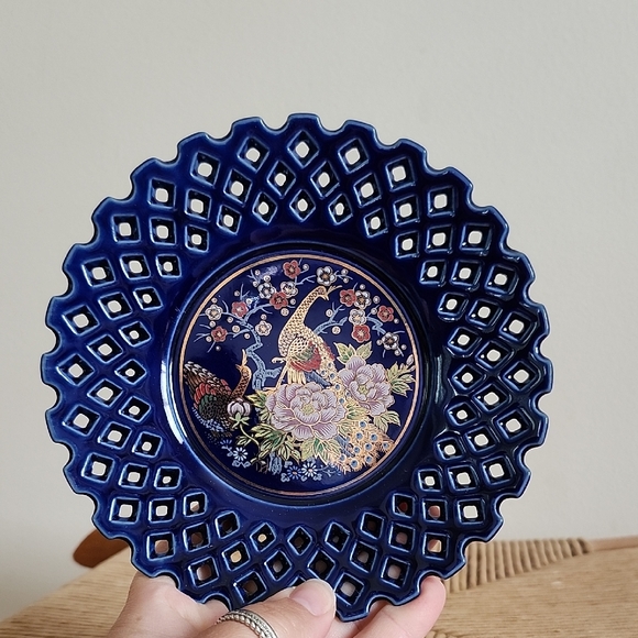 miyako Other - Vtg Miyako Japan Cobalt Blue Peacock Trinket Dish PorcelainPlate Floral Lattice